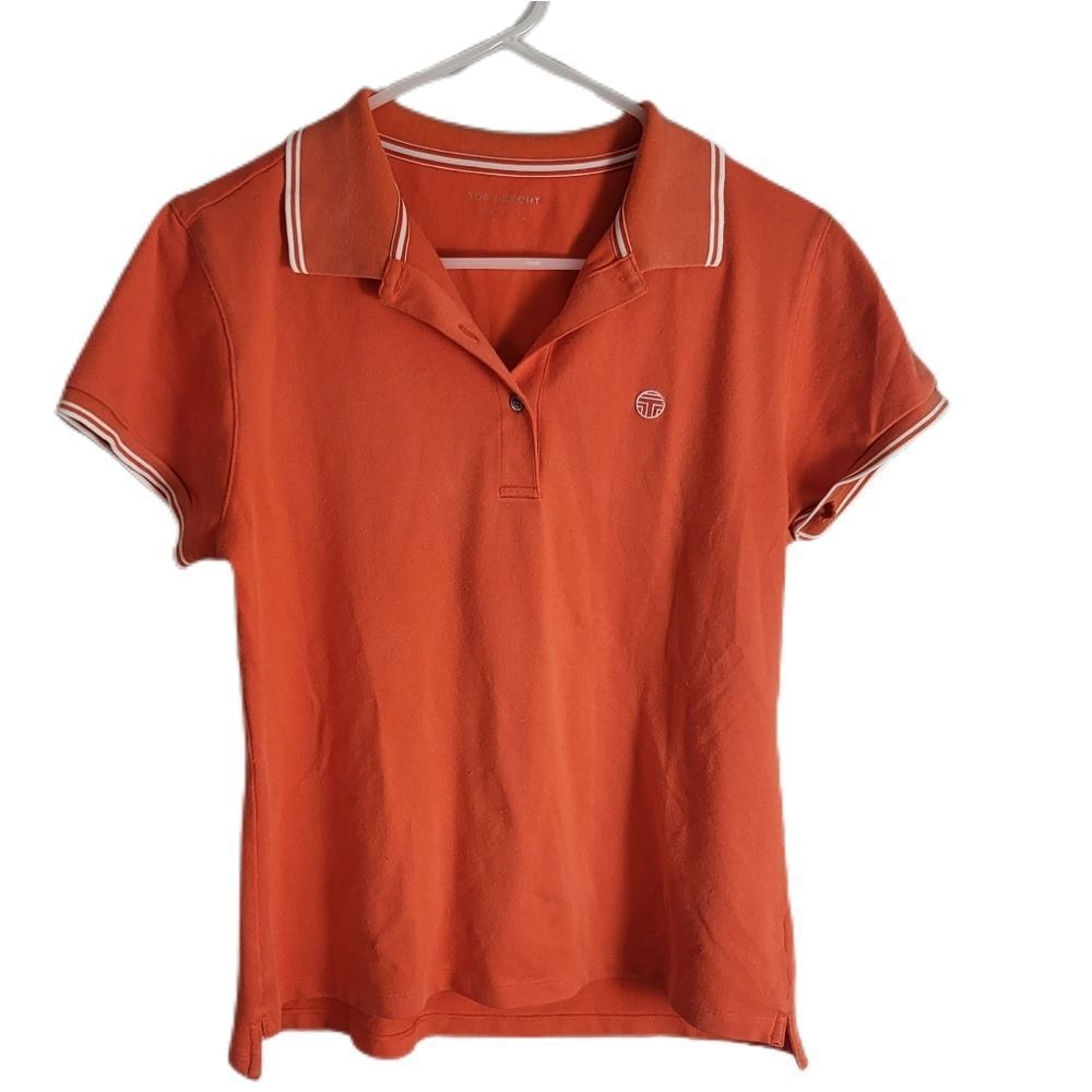 Tory Burch Performance Piqué Pleated-Collar Polo Orange White Medium